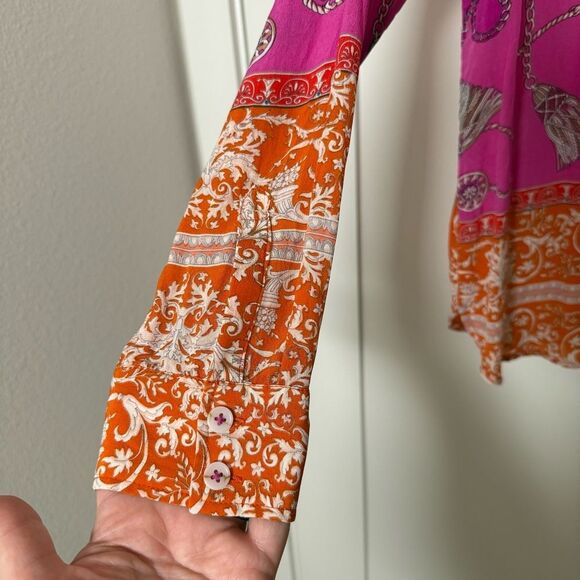 Maeve Anthropologie Potala Blouse Sz 8 Pink Orange Scarf Print Silk Button Up - Picture 4 of 12